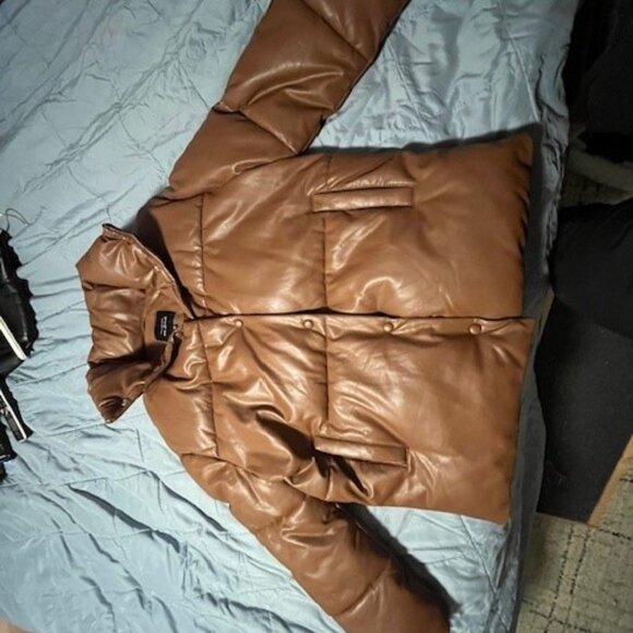 With the Girls by Avec Les Filles Brown Faux Leather Puffy Jacket - Size M - Picture 4 of 4